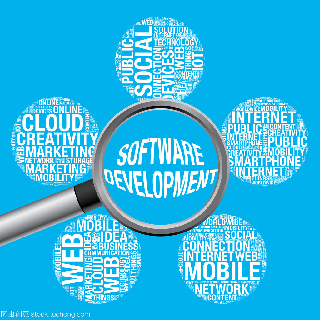 軟件開發詞云帶放大鏡矢量